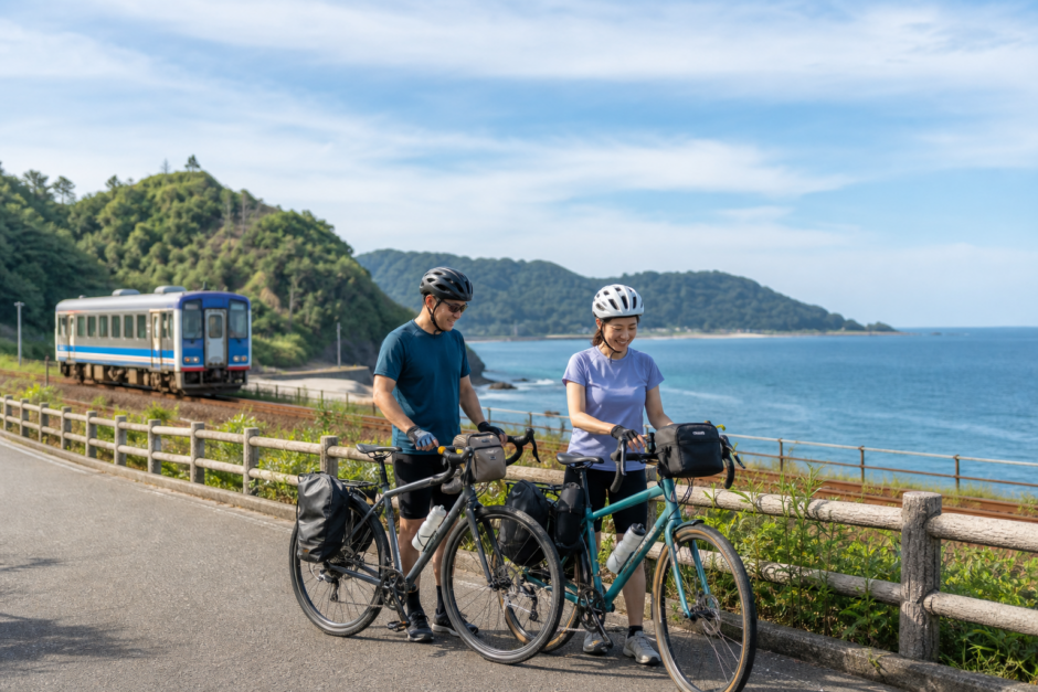 日本海沿いの道でヘルメットを着用したサイクリストが自転車を押し、列車と海を背景に旅の準備をしているイメージ
