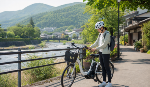 別所温泉と千曲川沿いを思わせる明るい道でヘルメットを着用した人が電動シェアサイクルを安全に準備している様子
