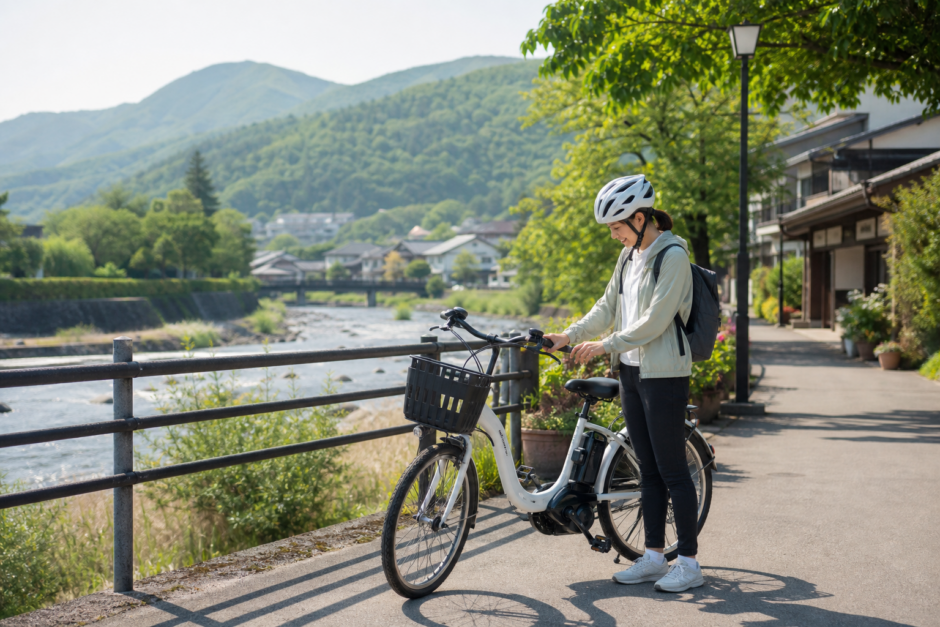 別所温泉と千曲川沿いを思わせる明るい道でヘルメットを着用した人が電動シェアサイクルを安全に準備している様子