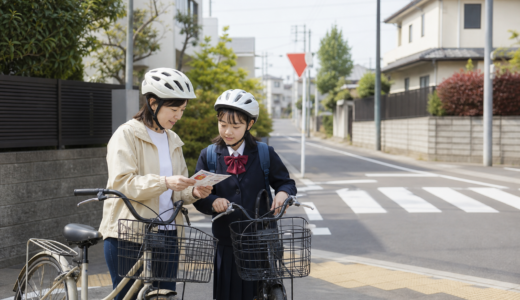 通学前に親子で自転車の安全ルールを確認している住宅街の様子