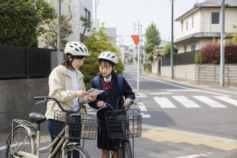 通学前に親子で自転車の安全ルールを確認している住宅街の様子