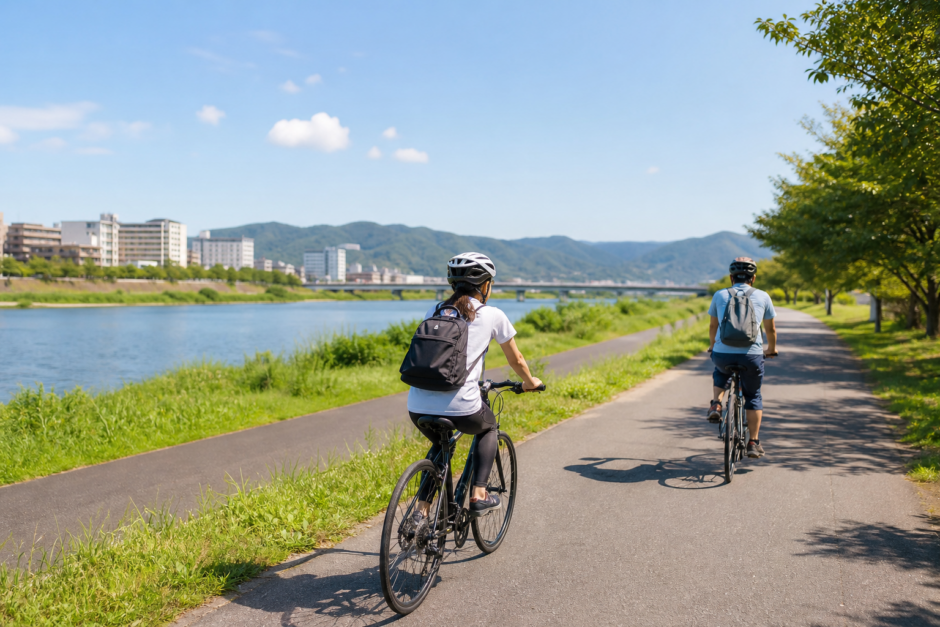 大和川沿いを思わせる明るい河川敷の道をヘルメット姿のサイクリストが安全に走るサイクル月間のイメージ