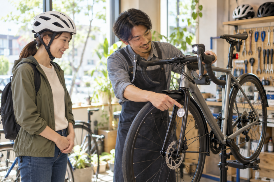 自転車店でヘルメットを着用した利用者が整備士とロードバイクのライトやブレーキを確認している様子