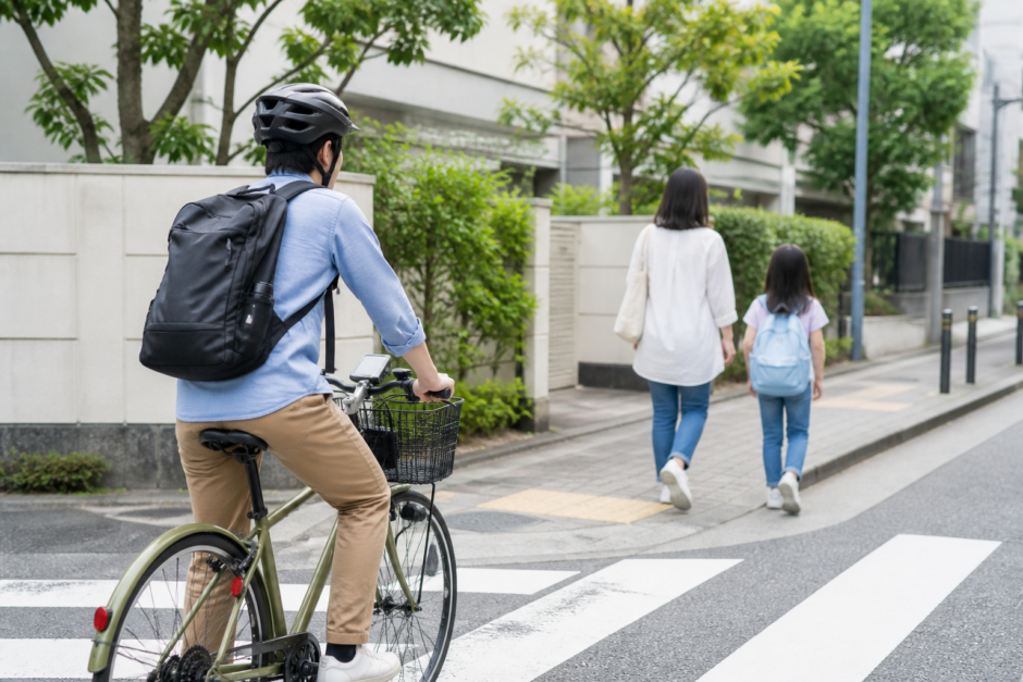 歩道の手前で自転車利用者がベルに頼らず減速し歩行者を優先している様子