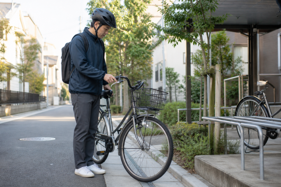 住宅街でヘルメットを着けた自転車利用者が出発前にブレーキを確認している様子