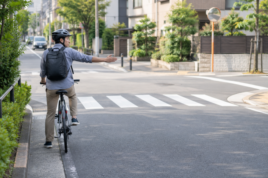 交差点手前で後方確認しながら手で合図を出すヘルメット着用の自転車利用者