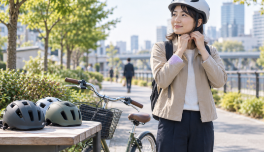 公園沿いで自転車に乗る前にヘルメットのあごひもを確認する利用者と複数のヘルメット