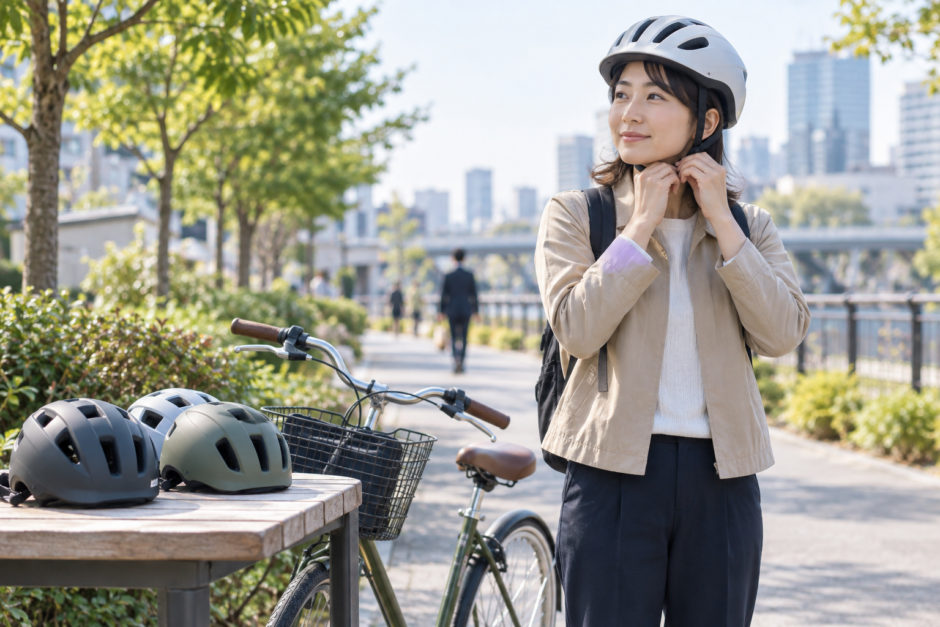 公園沿いで自転車に乗る前にヘルメットのあごひもを確認する利用者と複数のヘルメット