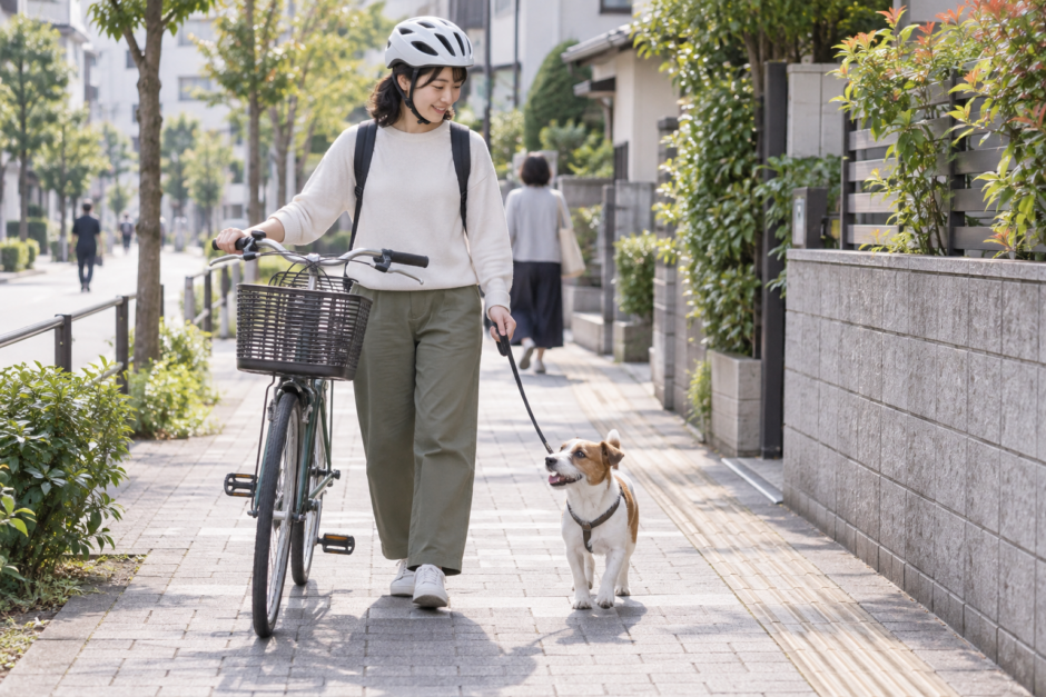 自転車を降りて押しながら歩道で犬のリードを短く持つ利用者