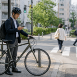 自転車を安全な場所に止めてからスマートフォンを確認している利用者の様子