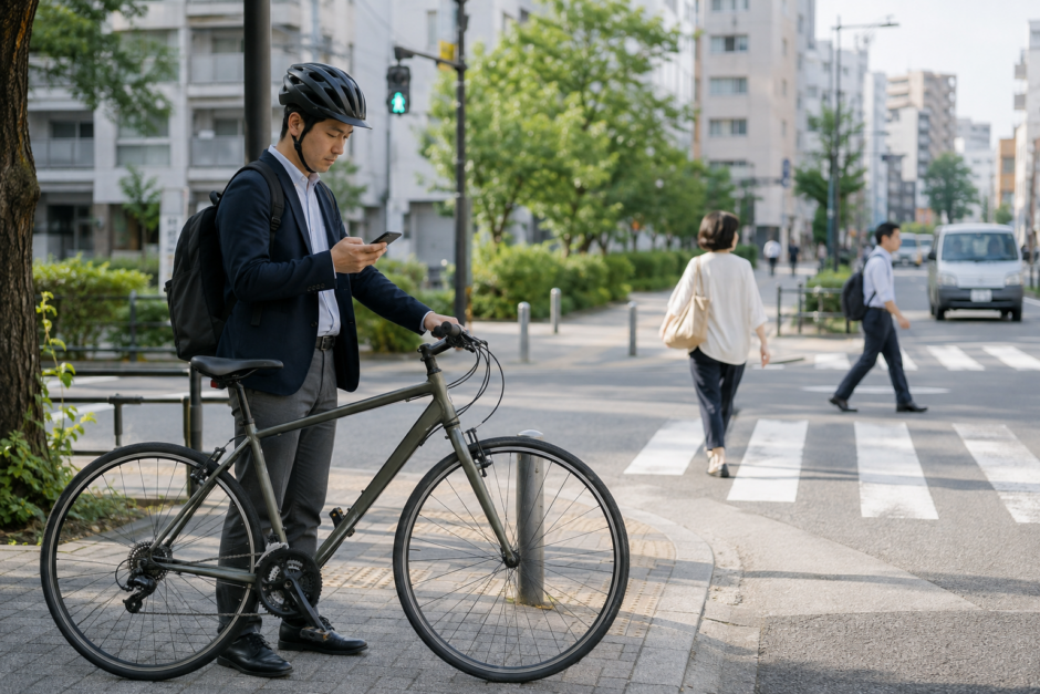 自転車を安全な場所に止めてからスマートフォンを確認している利用者の様子