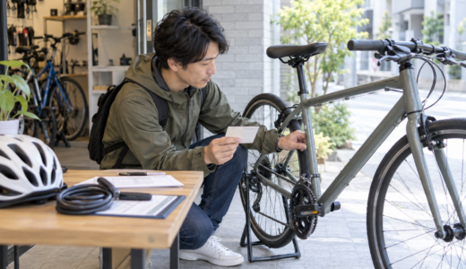 自転車店の前で登録カードと車体番号を確認するヘルメットと鍵を置いた利用者