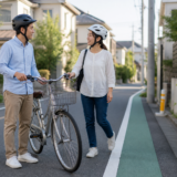 住宅街の安全な場所で二人乗りを避けて自転車を押すヘルメット着用の利用者
