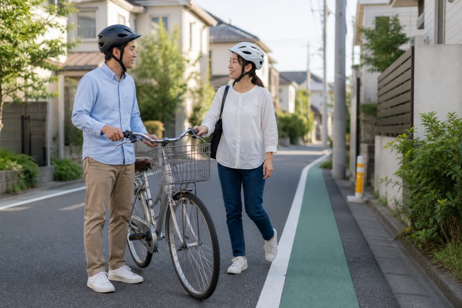 住宅街の安全な場所で二人乗りを避けて自転車を押すヘルメット着用の利用者