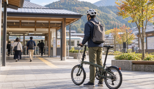 駅前広場でヘルメットを着用した利用者が折りたたみ自転車を押して列車と自転車を組み合わせた旅の準備をしている様子