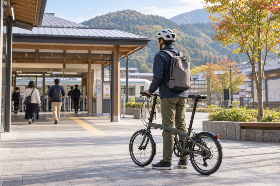 駅前広場でヘルメットを着用した利用者が折りたたみ自転車を押して列車と自転車を組み合わせた旅の準備をしている様子