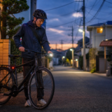 夕暮れの住宅街でヘルメットを着用した自転車利用者が前照灯の点灯を確認している様子