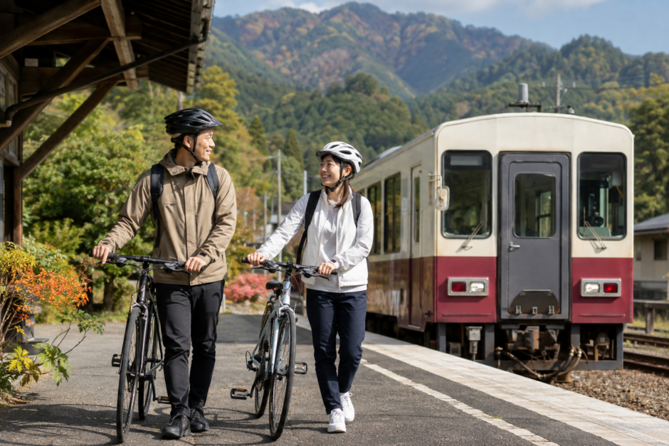 秋の山あいの駅でヘルメット姿のサイクリストが列車のそばで自転車を押している大糸線サイクルトレインのイメージ