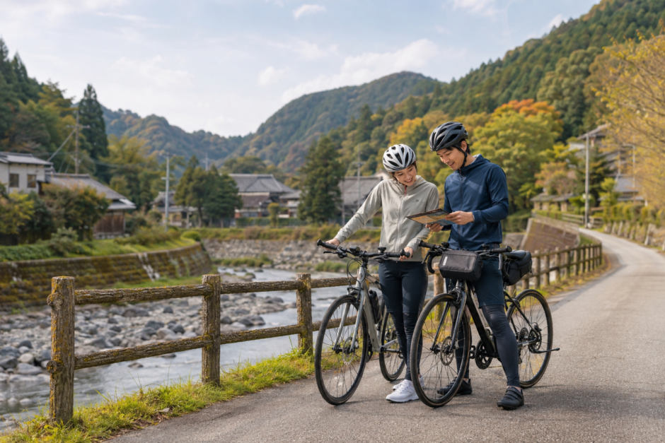 鯖街道沿線を思わせる里山の川沿いでヘルメット姿のサイクリストが安全に停車して地図を確認している秋の自転車旅イメージ