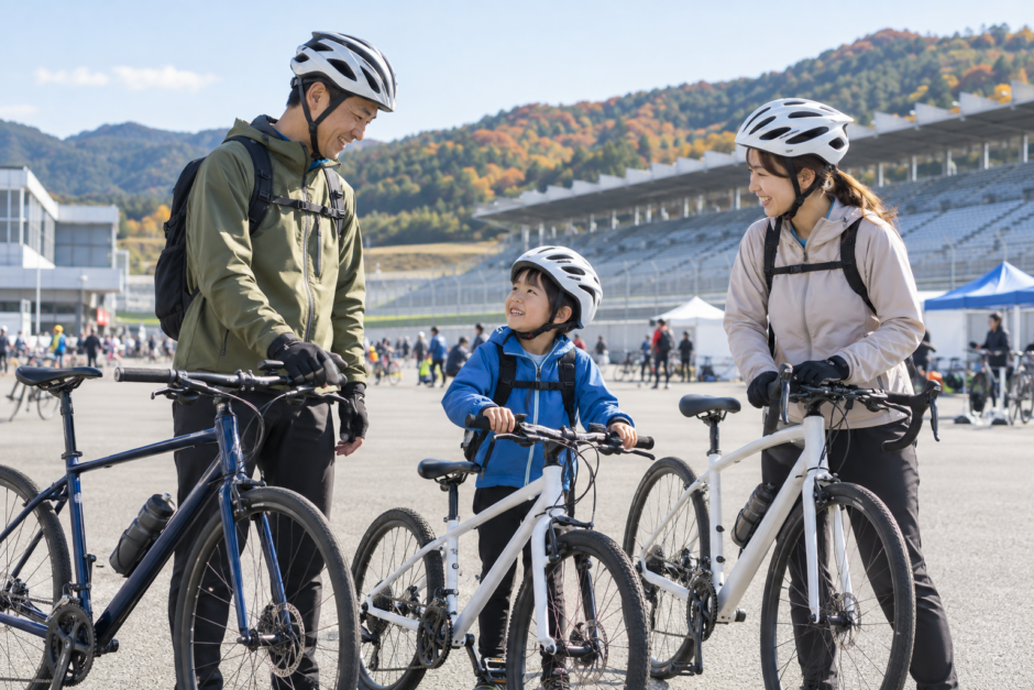 鈴鹿サーキットのような広い会場でヘルメットを着用した親子とサイクリストが自転車イベント前に安全確認をしている様子