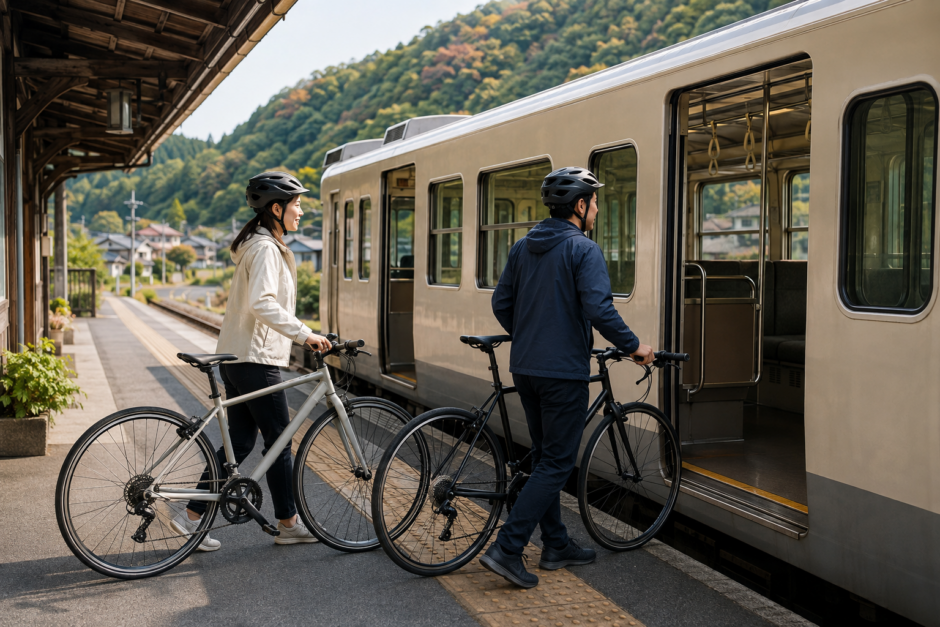 里山の駅でヘルメット姿のサイクリストが自転車を押して列車に乗る準備をしているサイクルトレインのイメージ